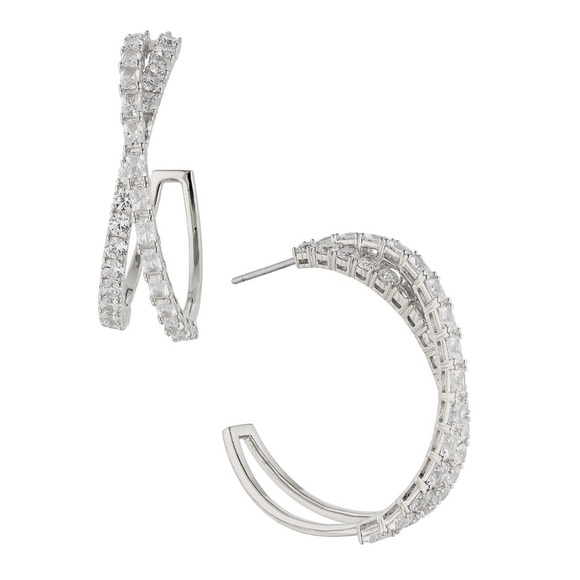 Nadri Isle Cubic Zirconia Crossed Hoop Earrings RHODIUM NWT - Picture 1 of 12